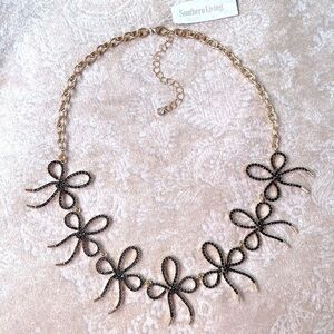 Brand New Southern Living Hematite Pave Black Bow Gold Tone Collar Necklace
